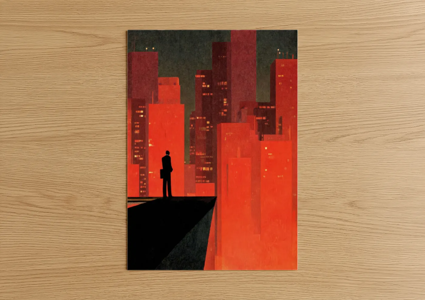 Skyscraper art print on warm oak wood — red and black and red palette — Neon Cityscape poster