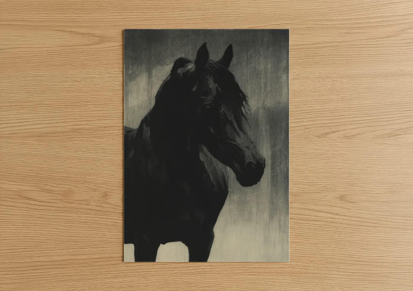 Arabian horse art print on warm oak wood — black and gray and white palette — Dark Arabian poster
