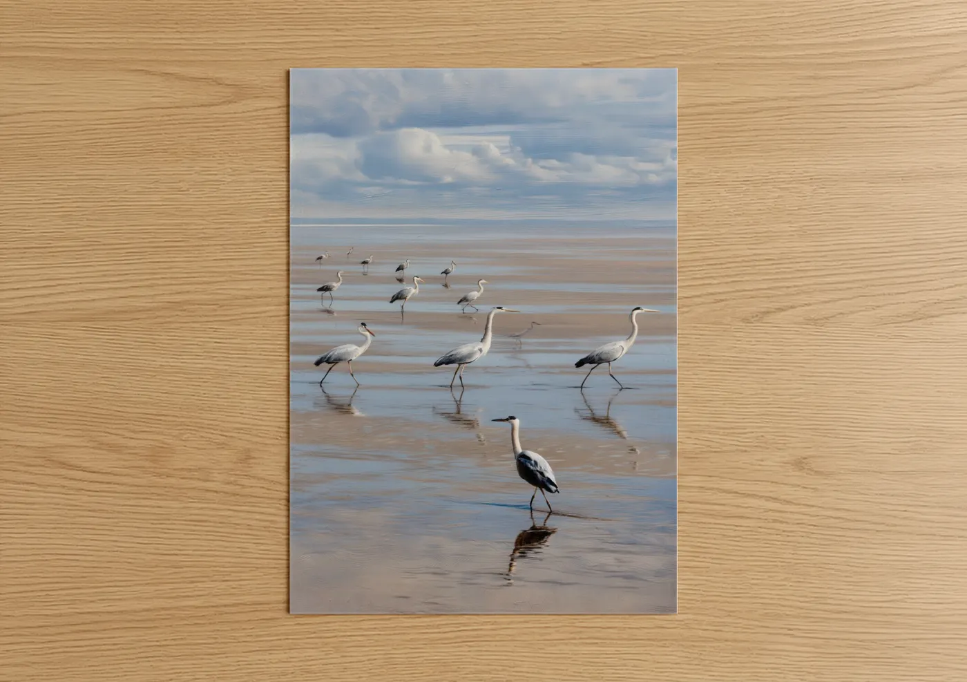 Art print on warm oak wood — blue and white and beige palette — Shallow Water Herons poster