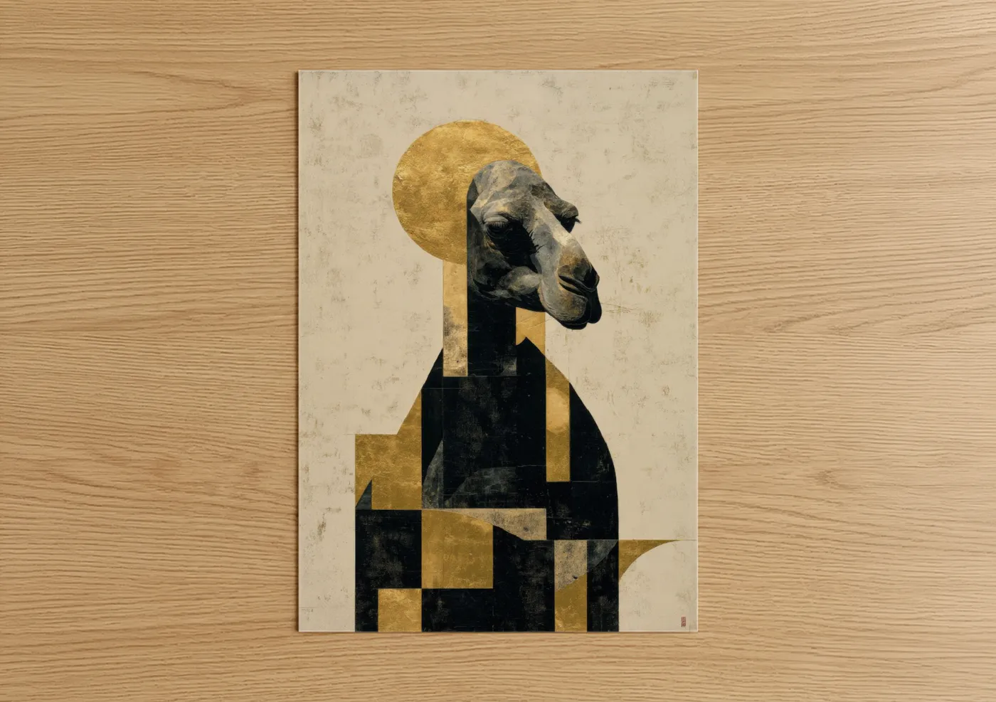 Art print on warm oak wood — gold and black palette — Golden Camel Head poster
