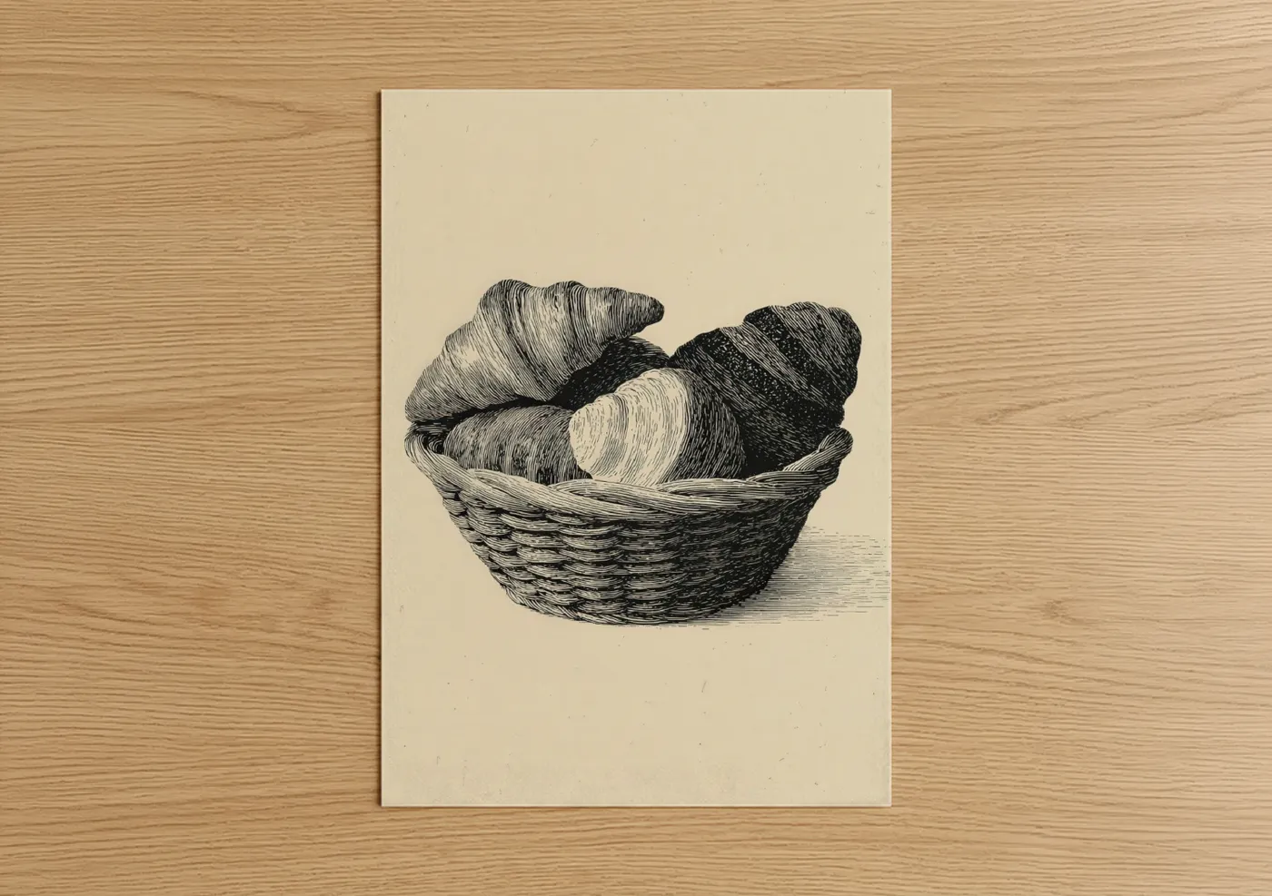Vintage Basket Croissants Baking Illustration Wall Art