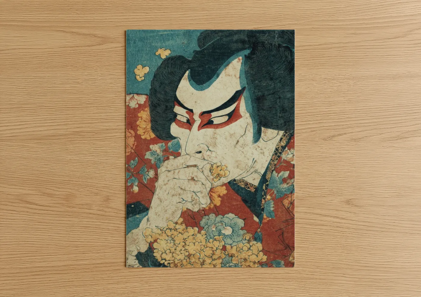 Art print on warm oak wood — teal and red palette — Kabuki Popcorn poster