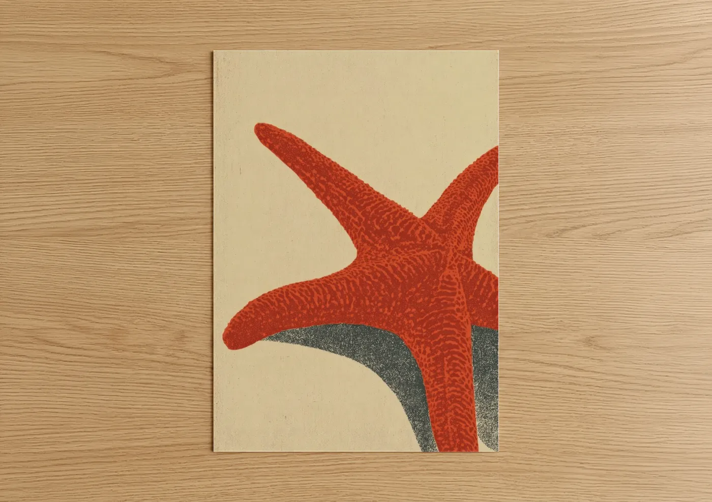 Art print on warm oak wood — red and cream palette — Red Starfish poster
