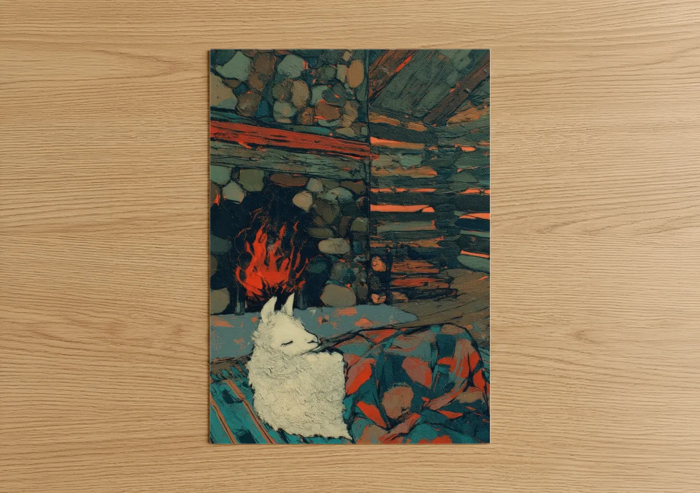 White Llama Cozy Fireplace Illustration Wall Art