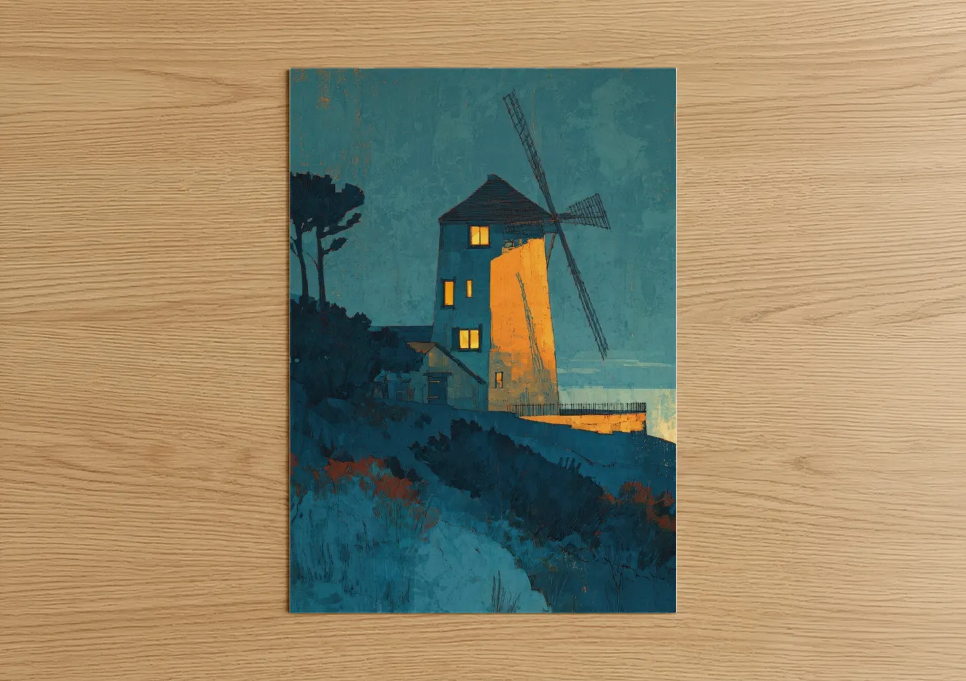 Evening Windmill Landscape Illustration Wall Art