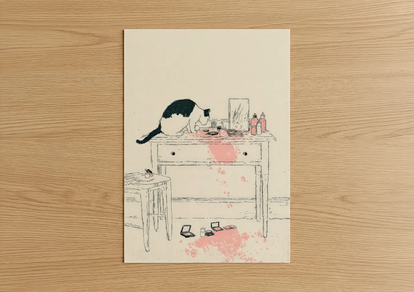 Cat at Makeup Vanity Line Art Illustration Wall Art