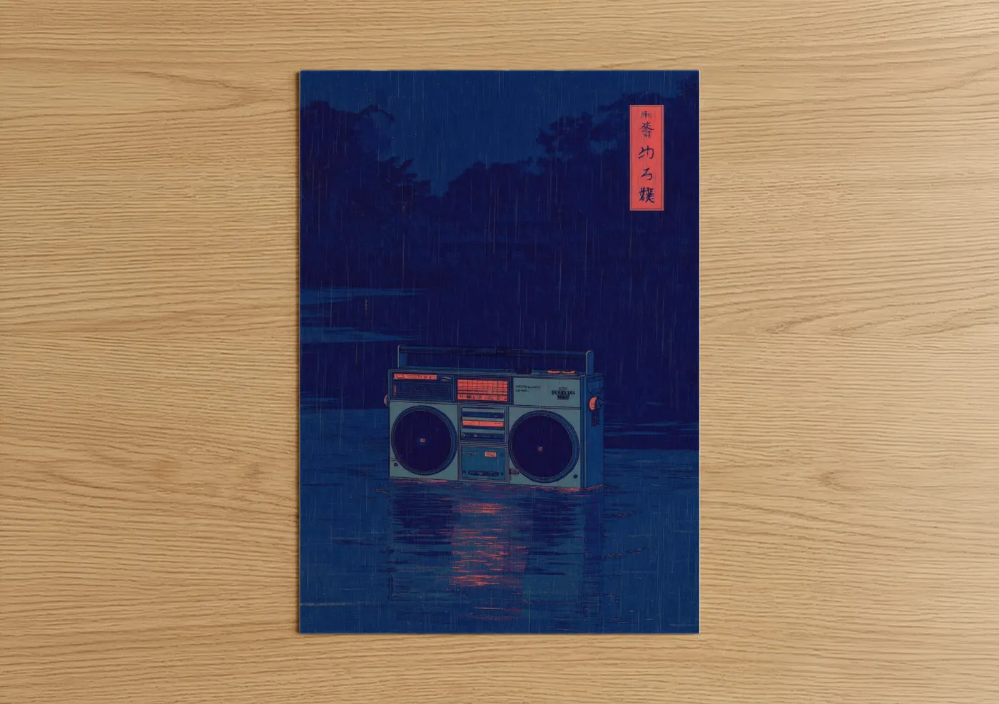 Neon Rain Boombox Japanese Retrofuturism Wall Art
