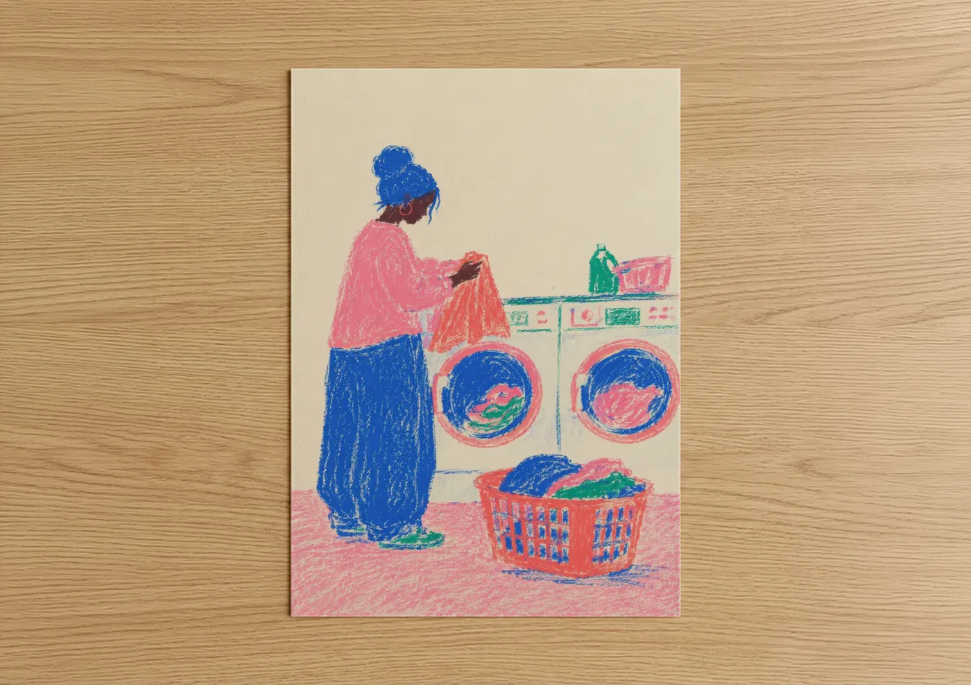 Womens fashion art print on warm oak wood — blue and pink palette — Woman Folding Laundry Illustration Wall Art poster