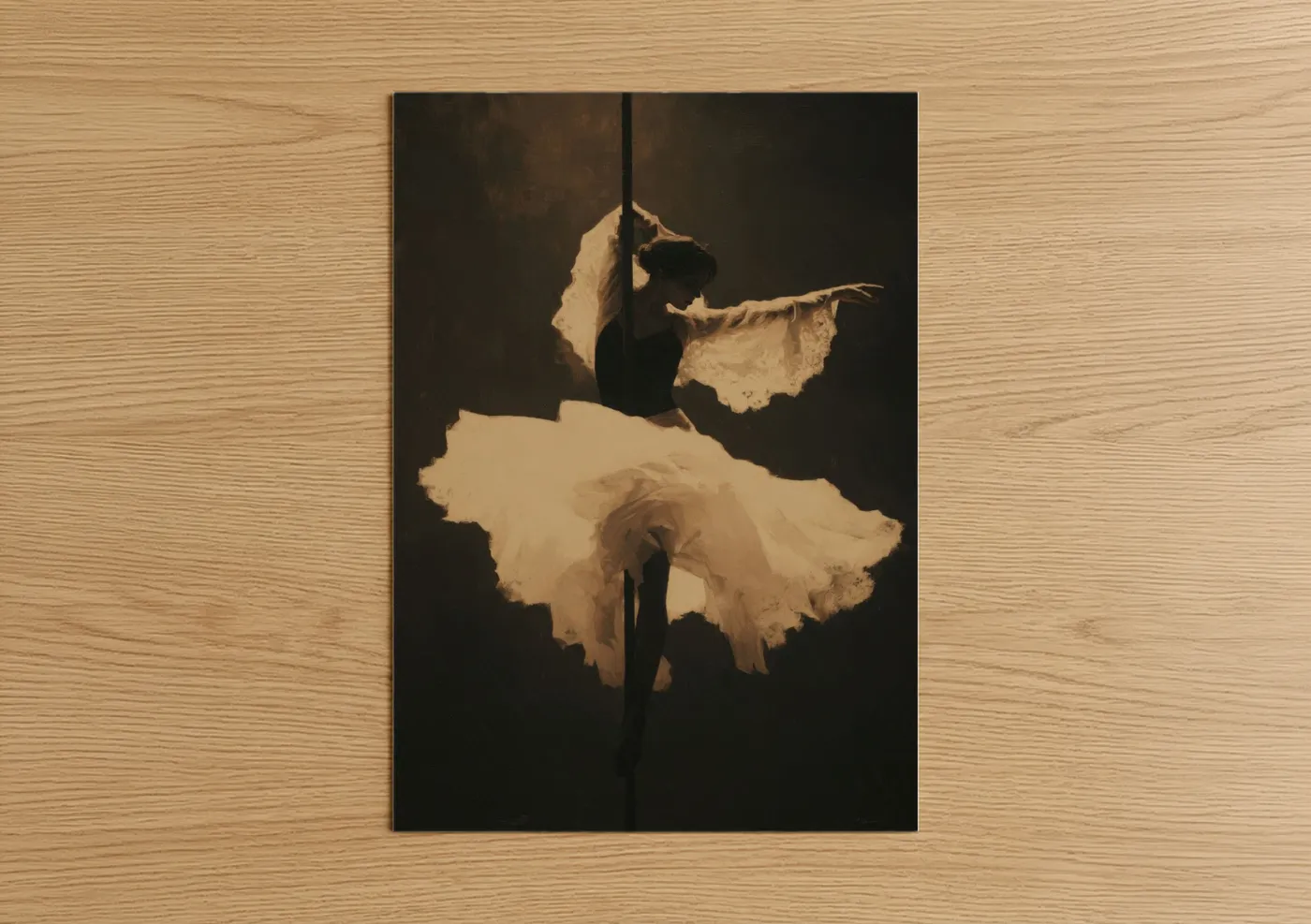 Pole dancing art print on warm oak wood — gold and black palette — Ethereal Pole Dancer poster