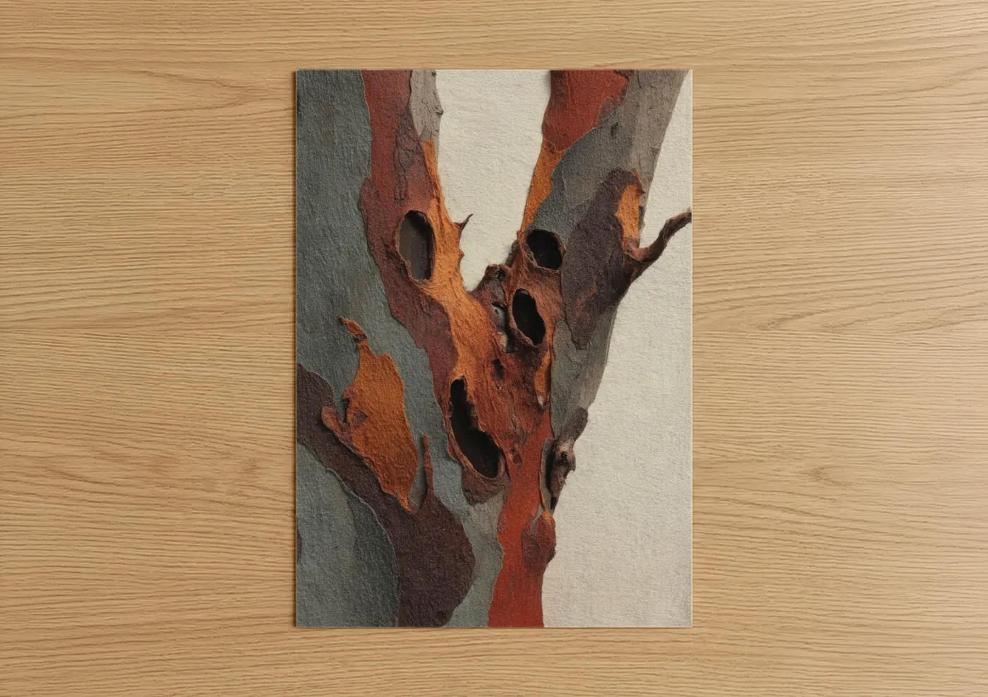 Arbutus tree art print on warm oak wood — russet and cream palette — Peeling Arbutus poster
