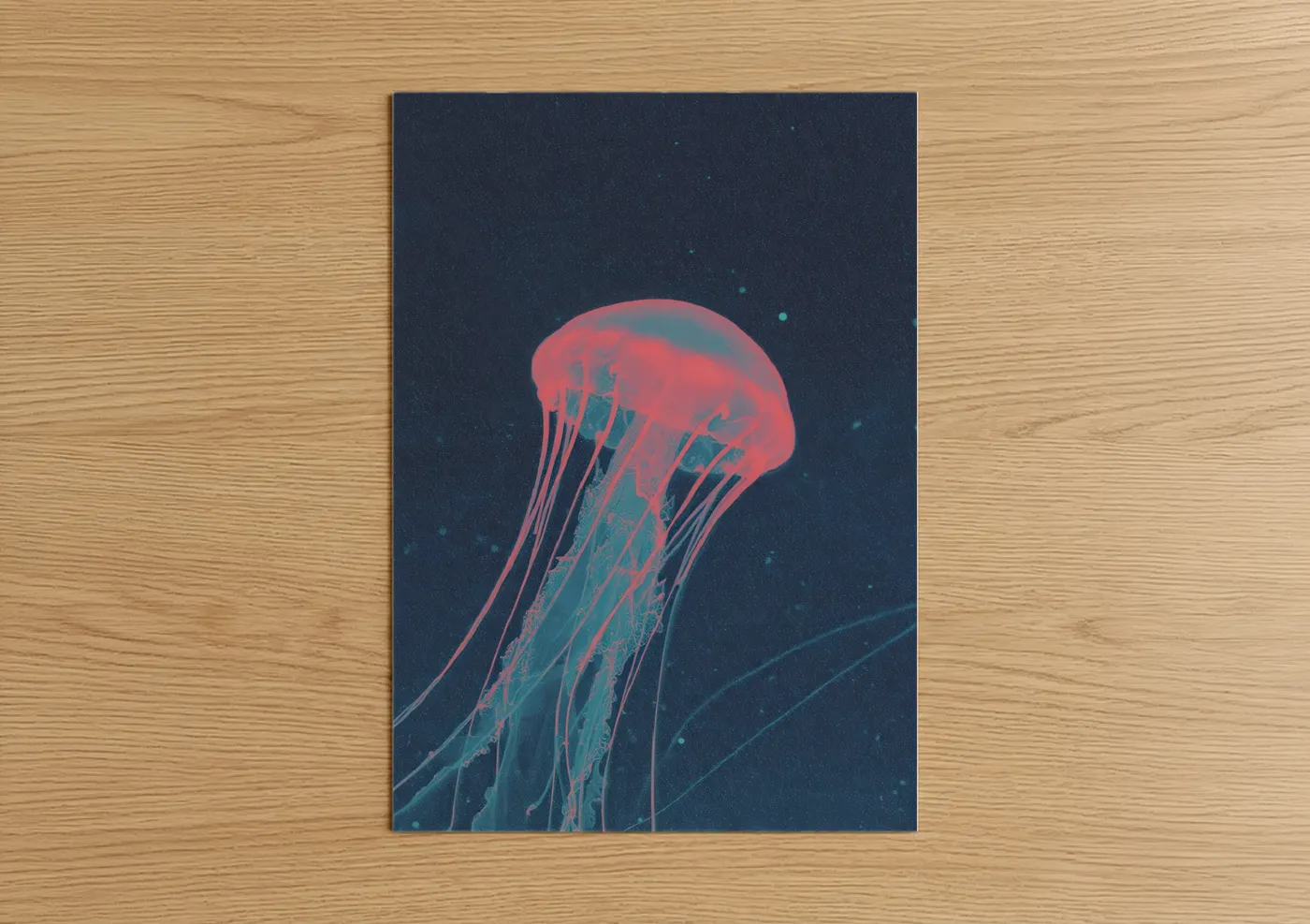 Extraterrestrial art print on warm oak wood — blue and salmon pink palette — Cosmic Jellyfish poster