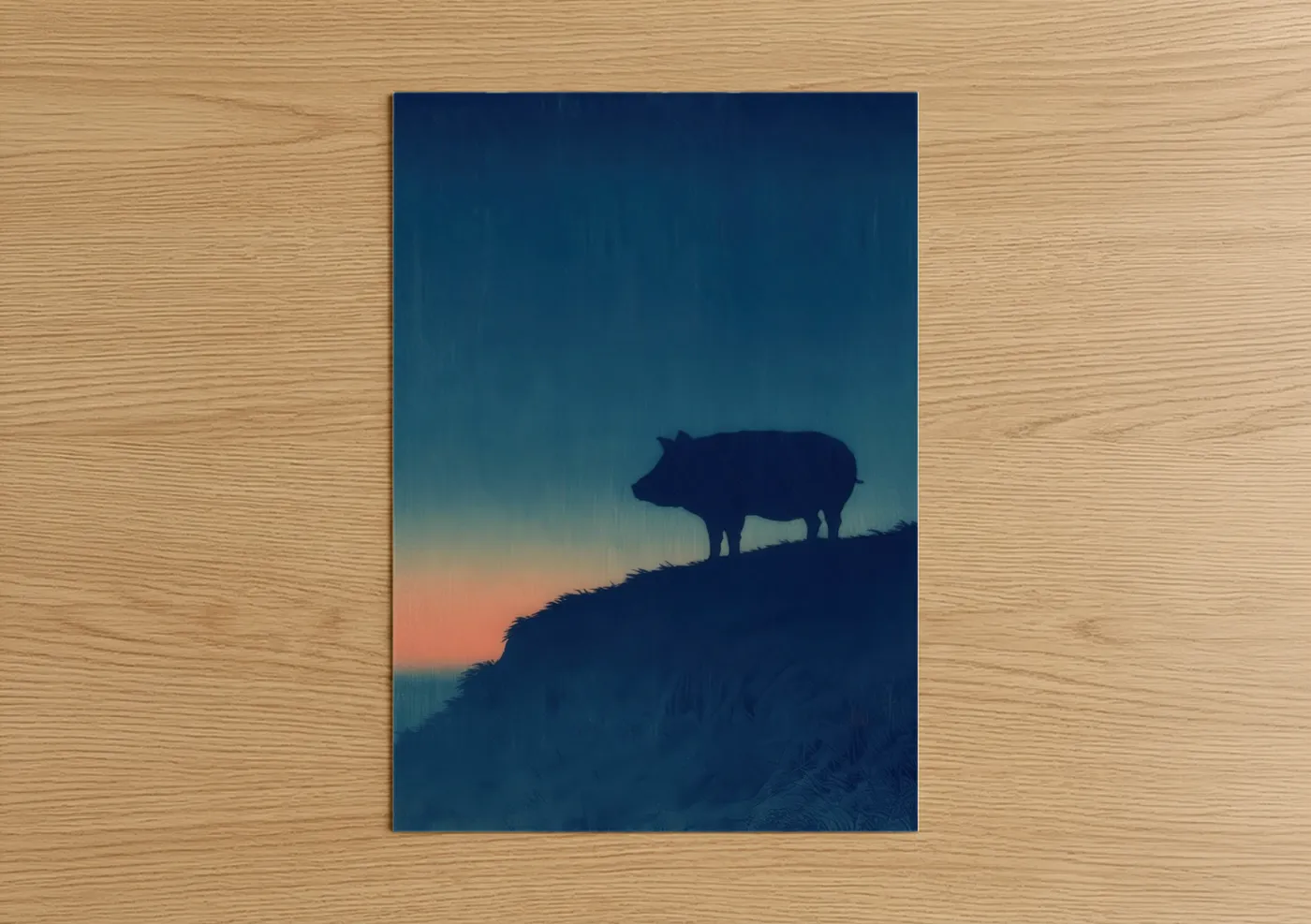 Art print on warm oak wood — dark blue and orange palette — Hilltop Pig Silhouette poster