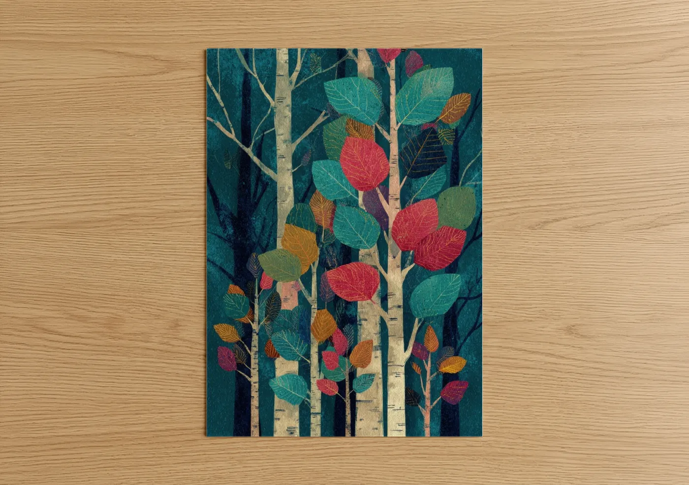 Birch tree art print on warm oak wood — teal and gold palette — Autumn Birch Forest poster