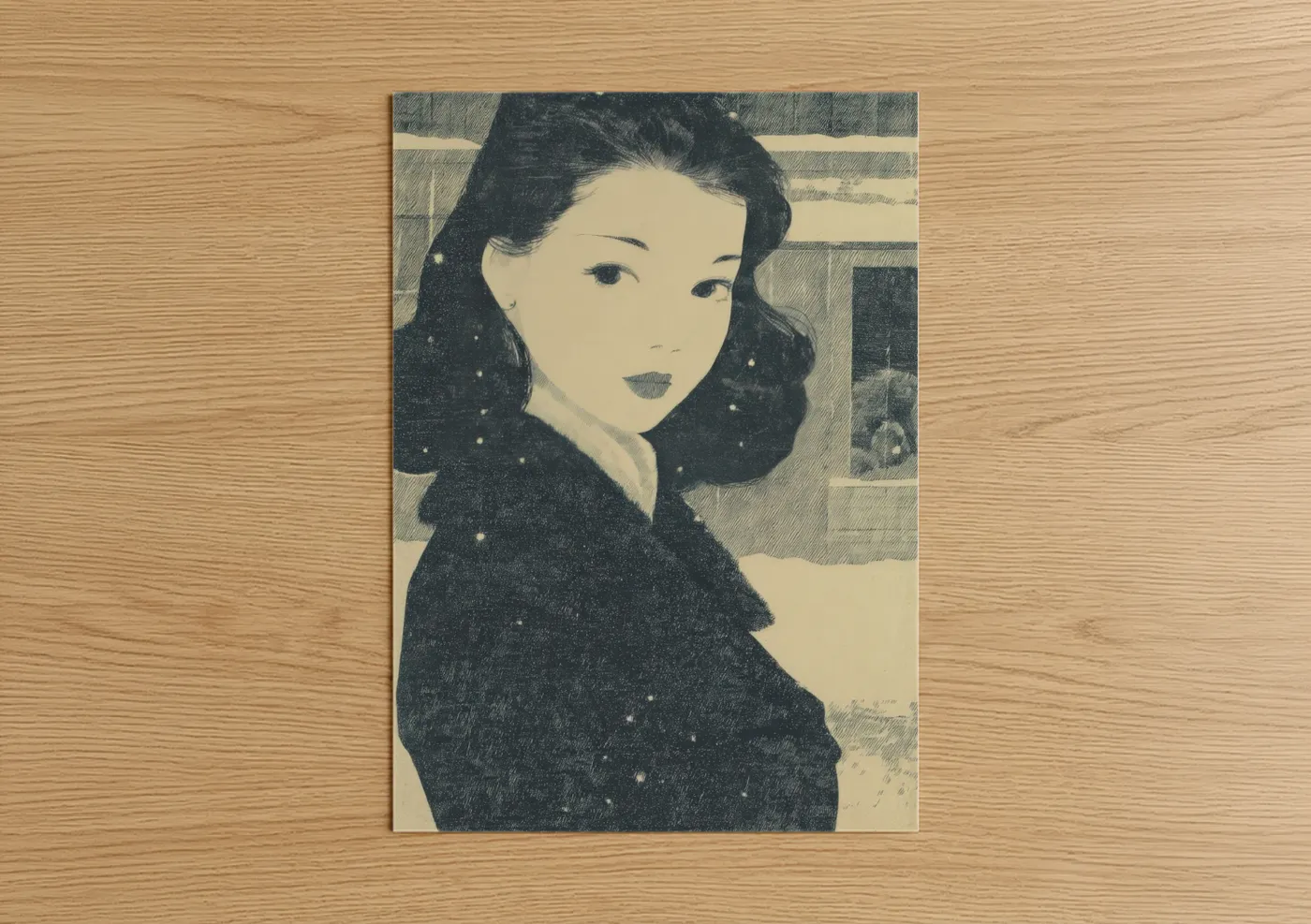 Retro fashion art print on warm oak wood — black and white and cream palette — Vintage Portrait Woman poster