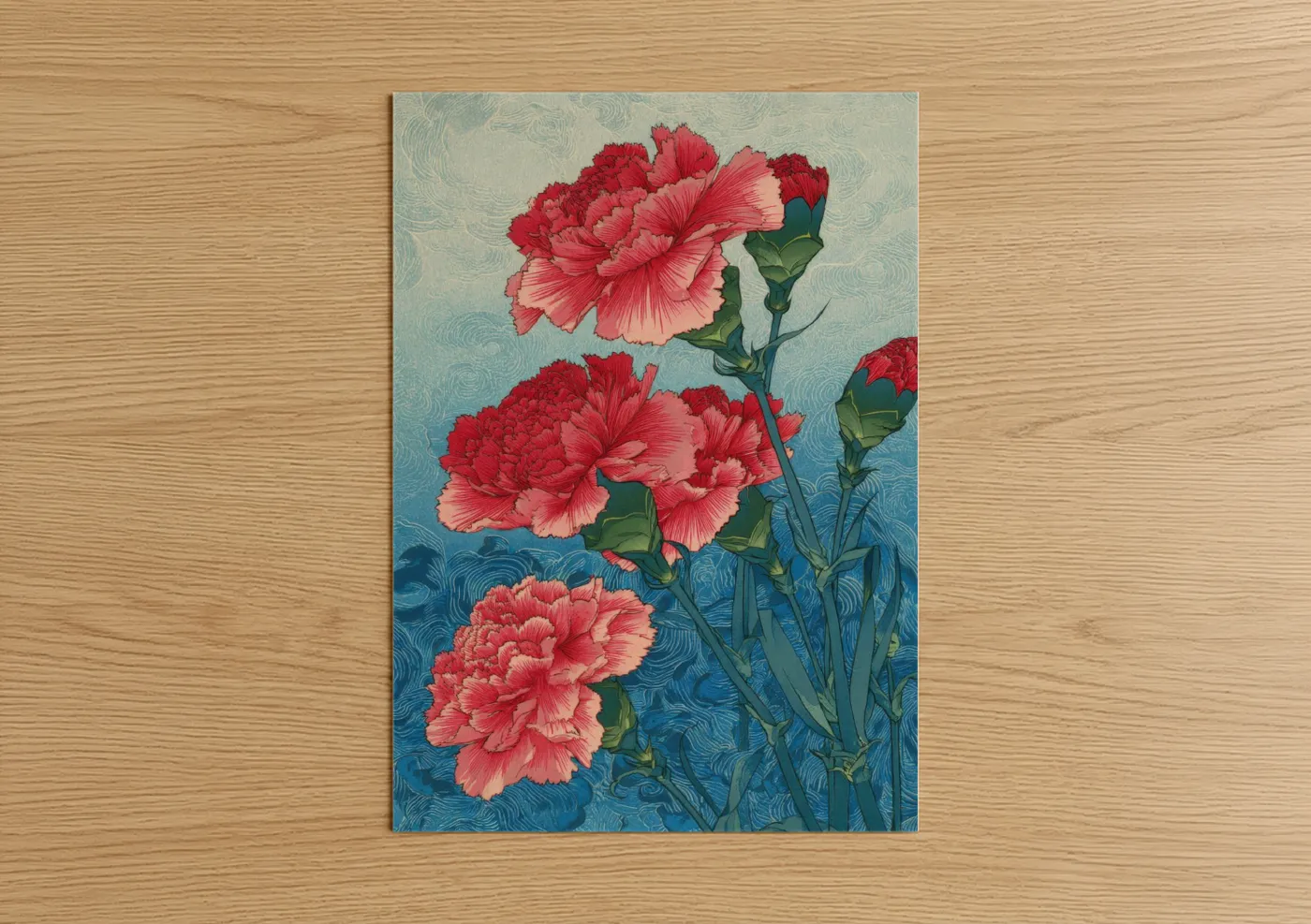 Carnations art print on warm oak wood — red and blue and white palette — Crimson Carnation Waves poster