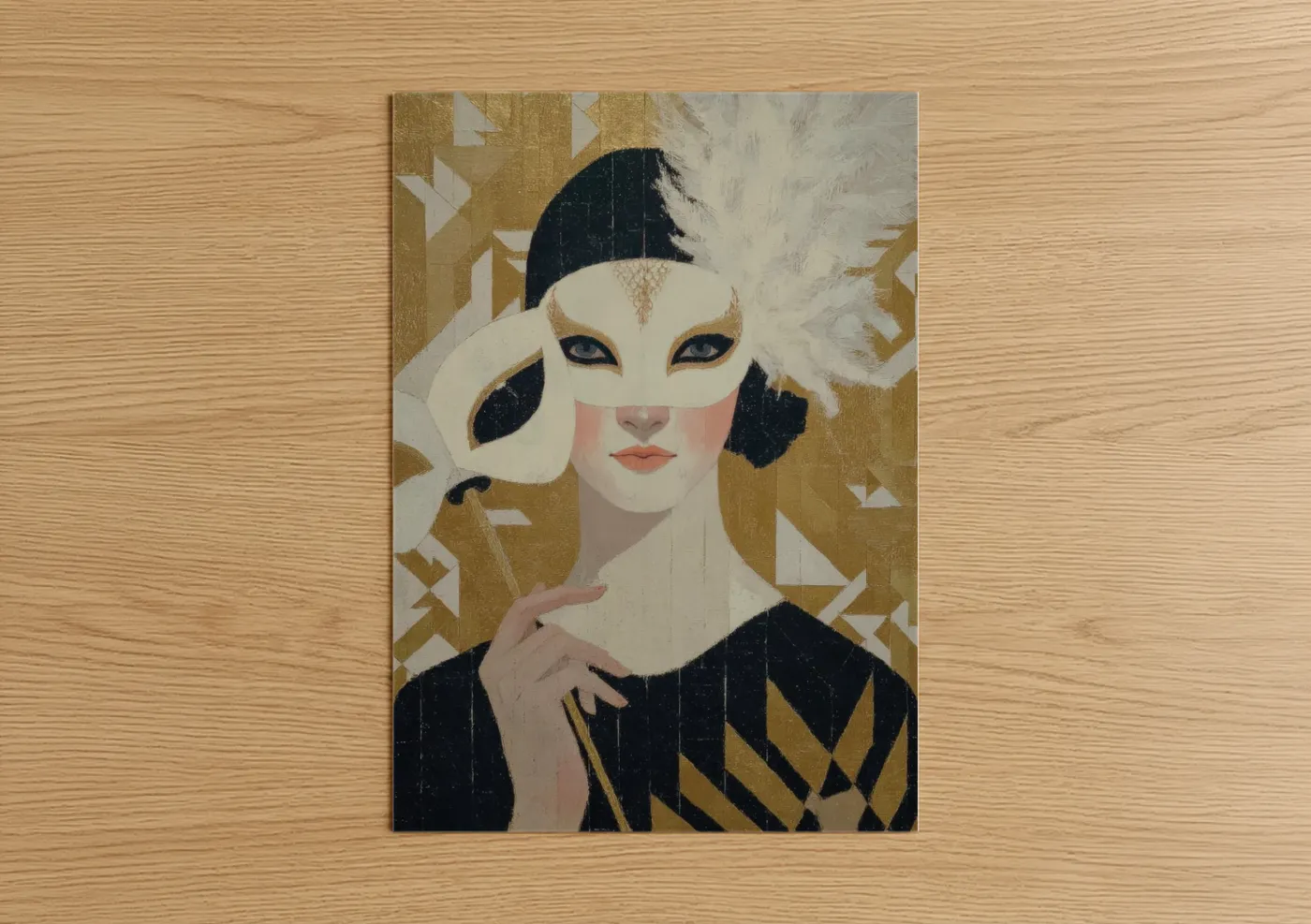 Mardi gras art print on warm oak wood — gold and black and white palette — Masked Elegance poster