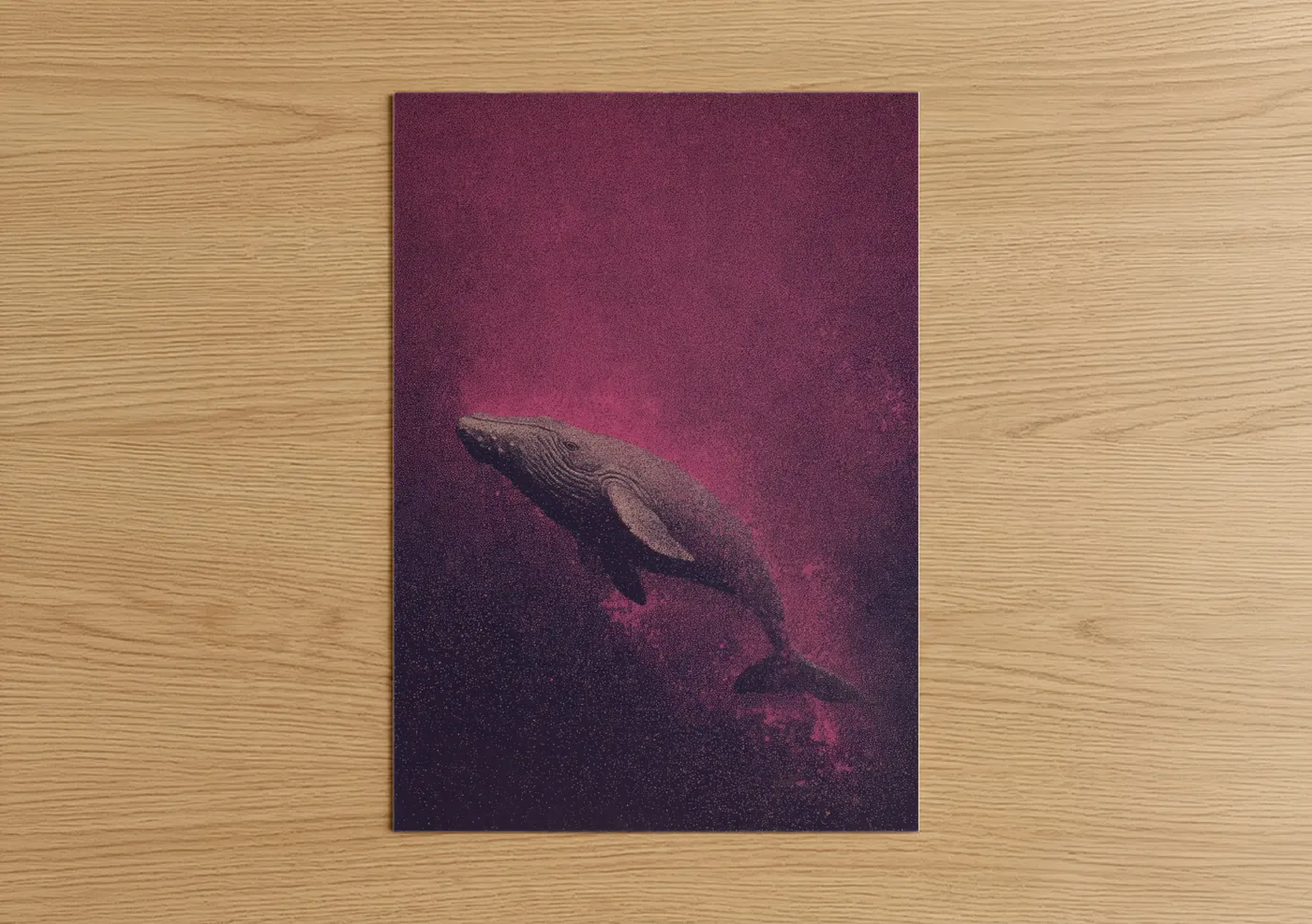 Sperm whale art print on warm oak wood — magenta and purple palette — Crimson Whale Ascent poster