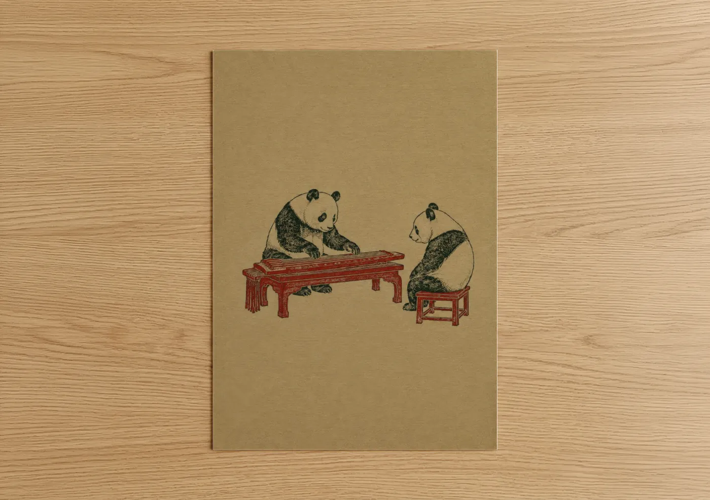 Art print on warm oak wood — beige and cream palette — Pandas Playing Traditional Instruments Wall Art poster