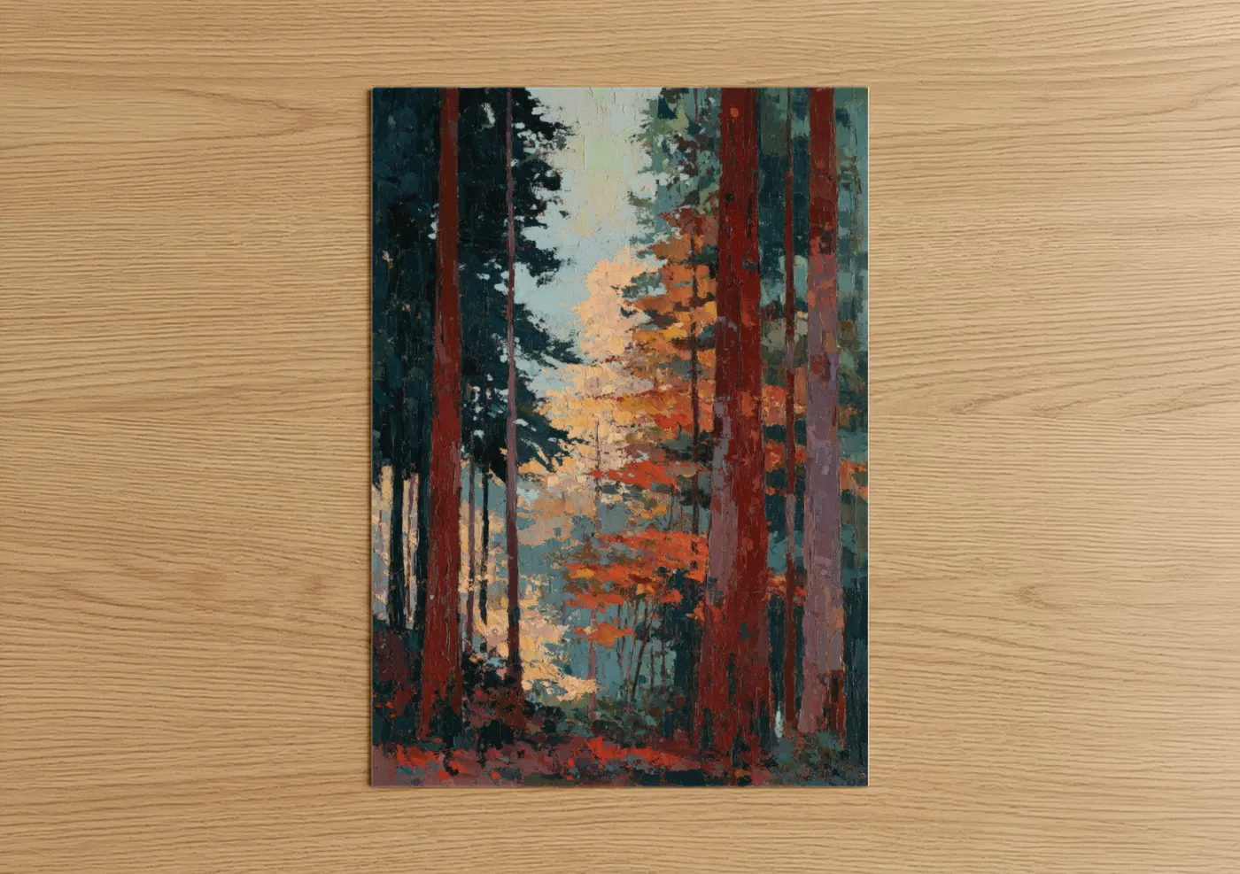 Redwood tree art print on warm oak wood — maroon and gold palette — Autumn Redwood Forest poster