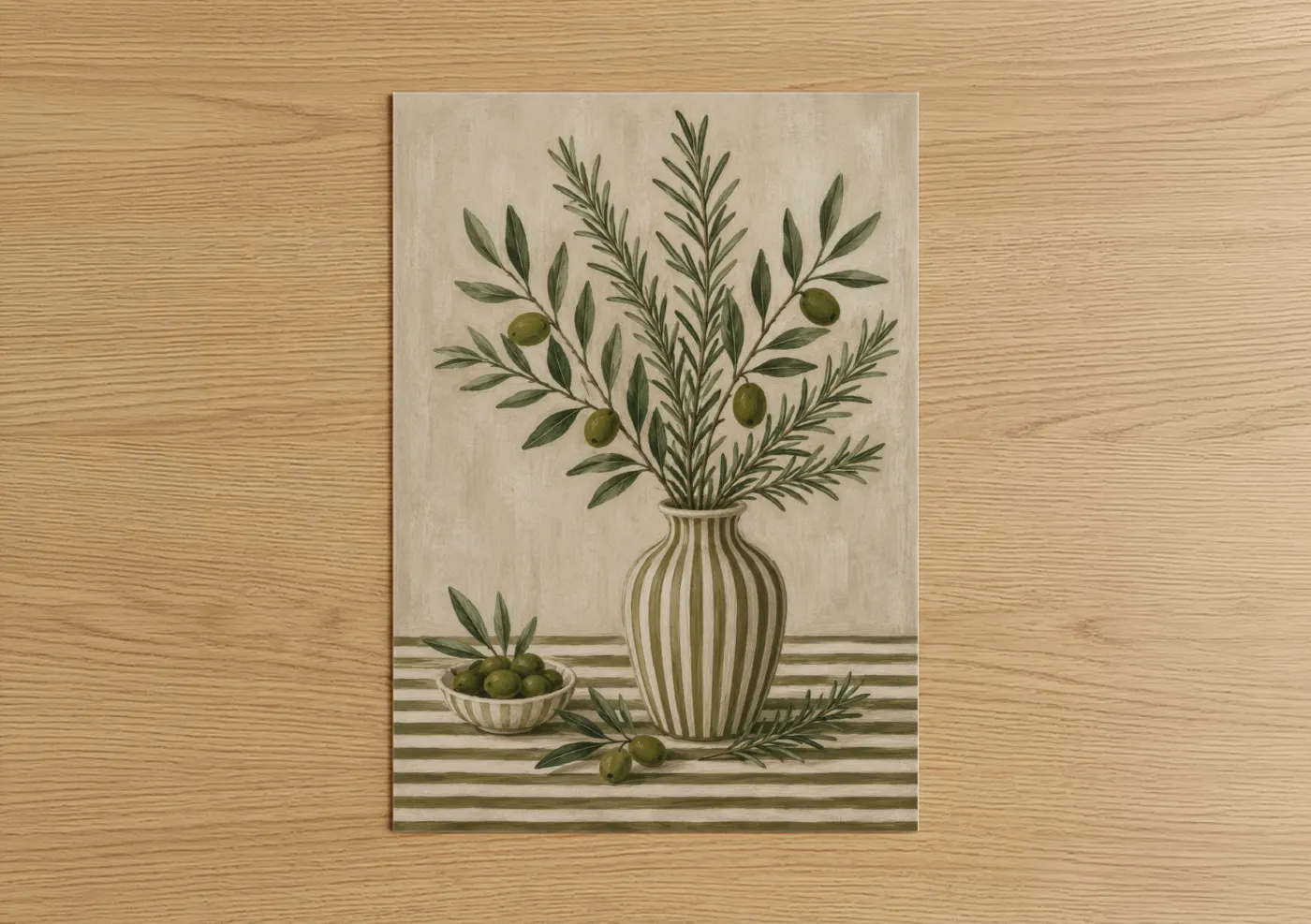 Olive tree art print on warm oak wood — sage green and beige palette — Olive Branch Botanical Illustration Wall Art poster