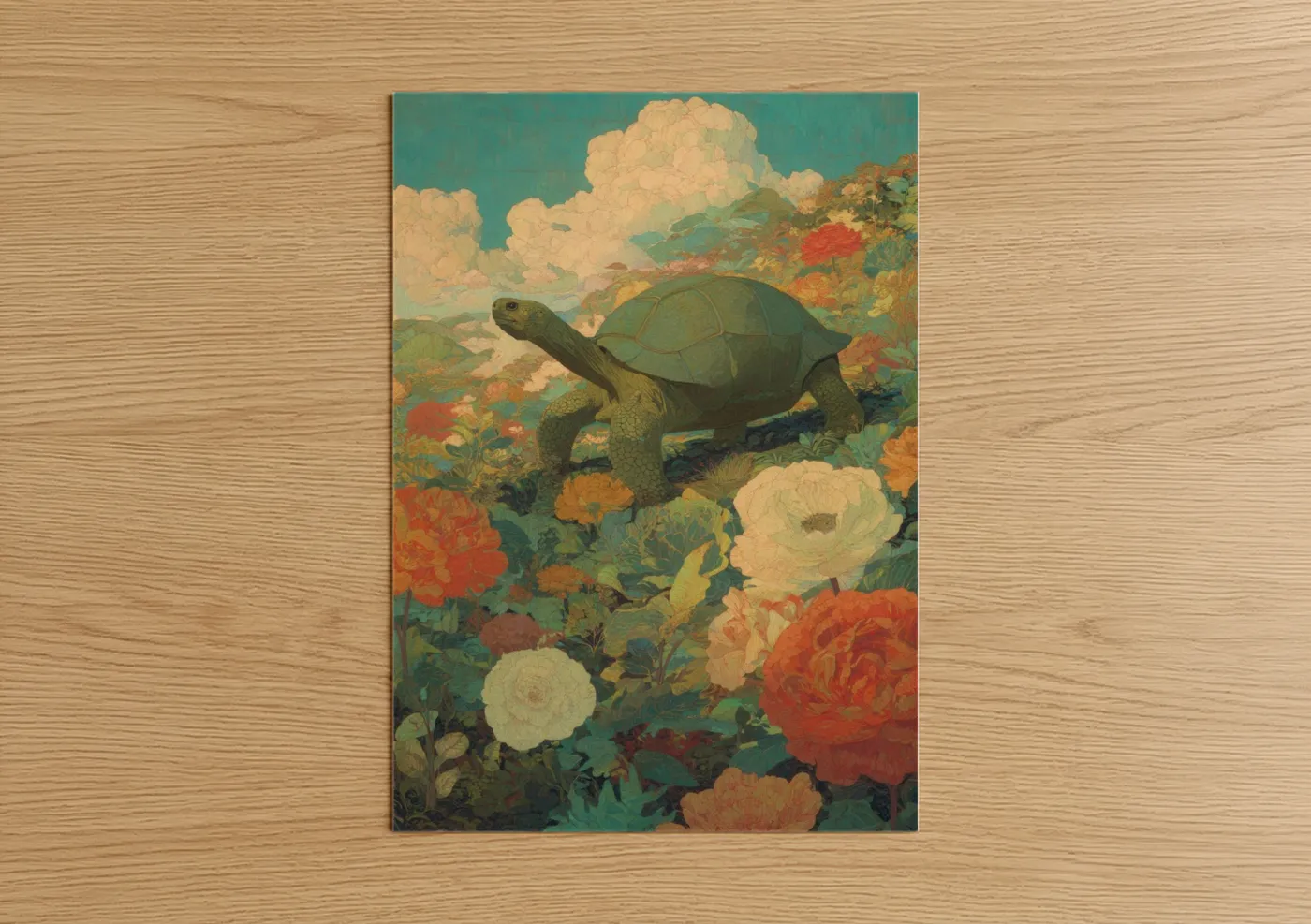 Art print on warm oak wood — teal and peach palette — Garden Turtle poster