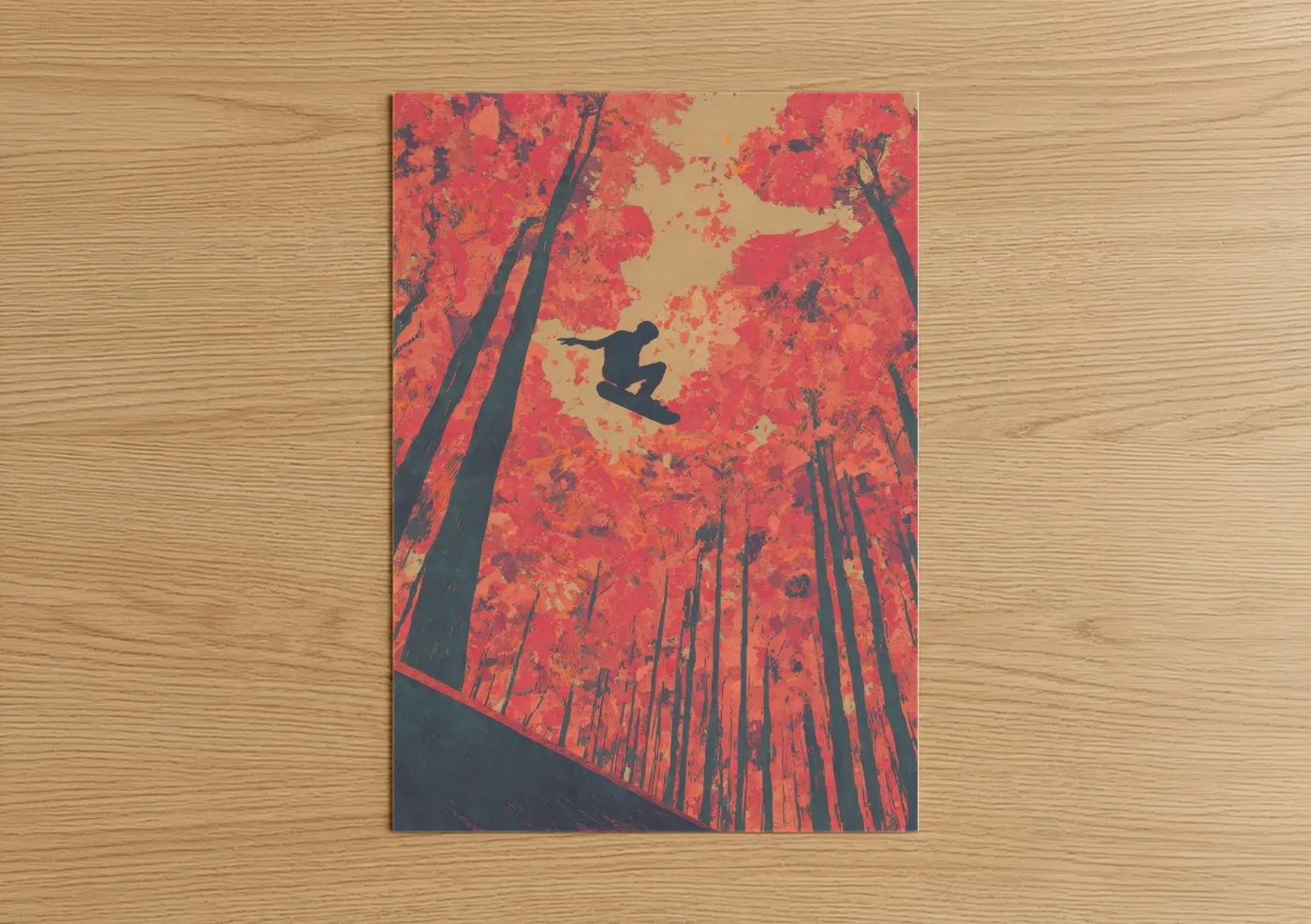 Skateboarding art print on warm oak wood — red and gold palette — Crimson Skateboarder poster