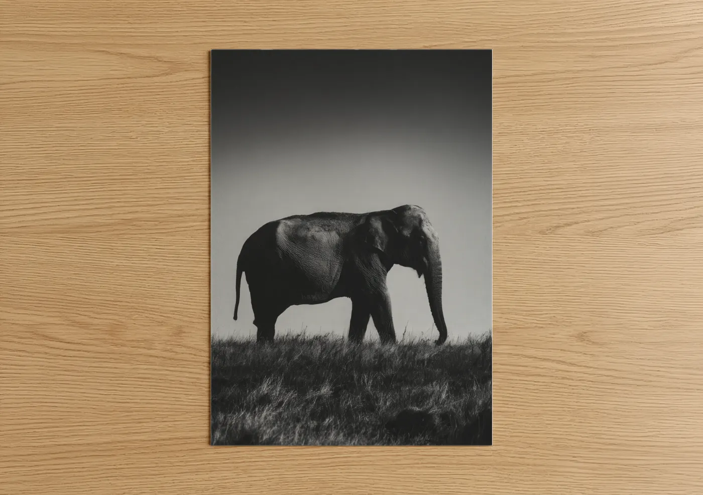 Asian elephant art print on warm oak wood — black and white and gray palette — Solitary Elephant poster
