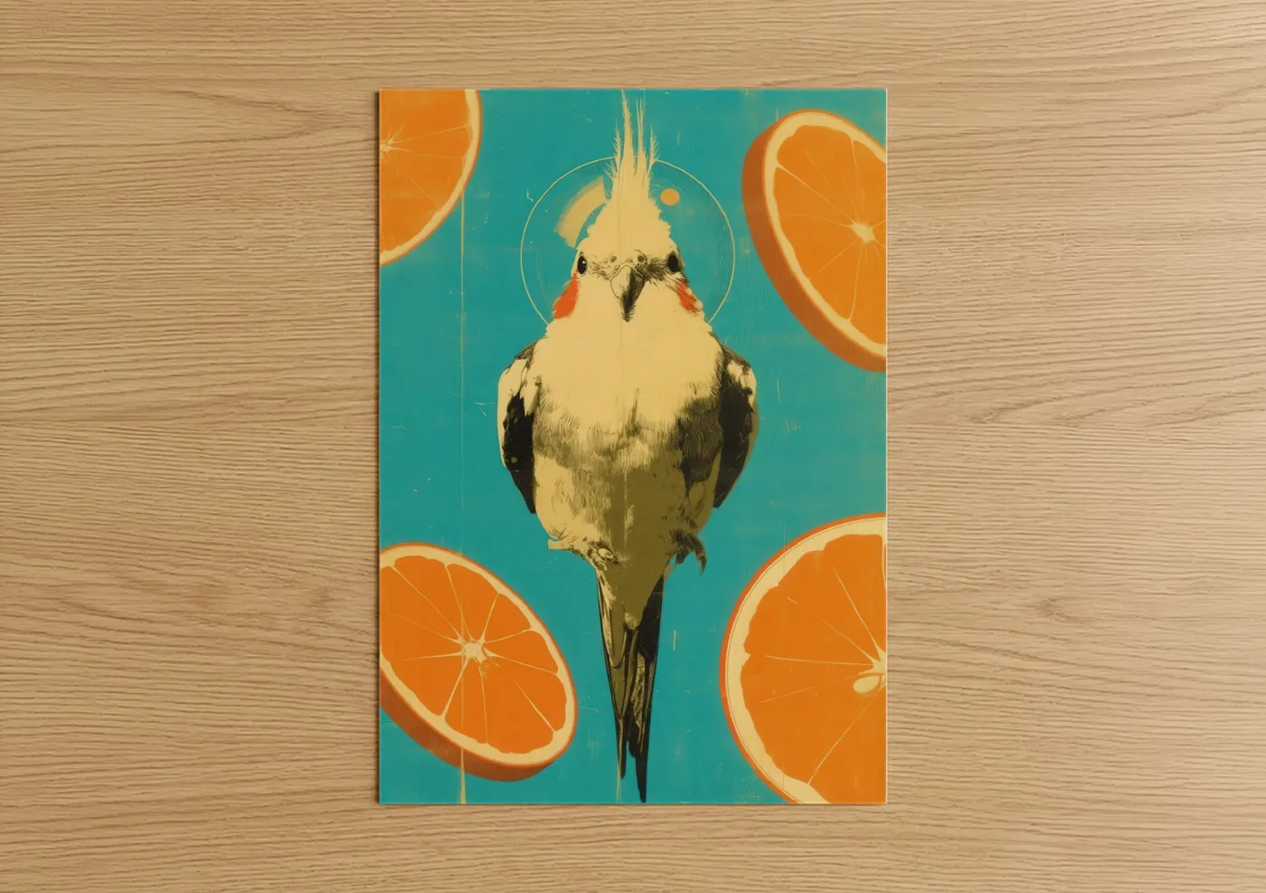 Art print on warm oak wood — orange and teal palette — Citrus Cockatiel poster