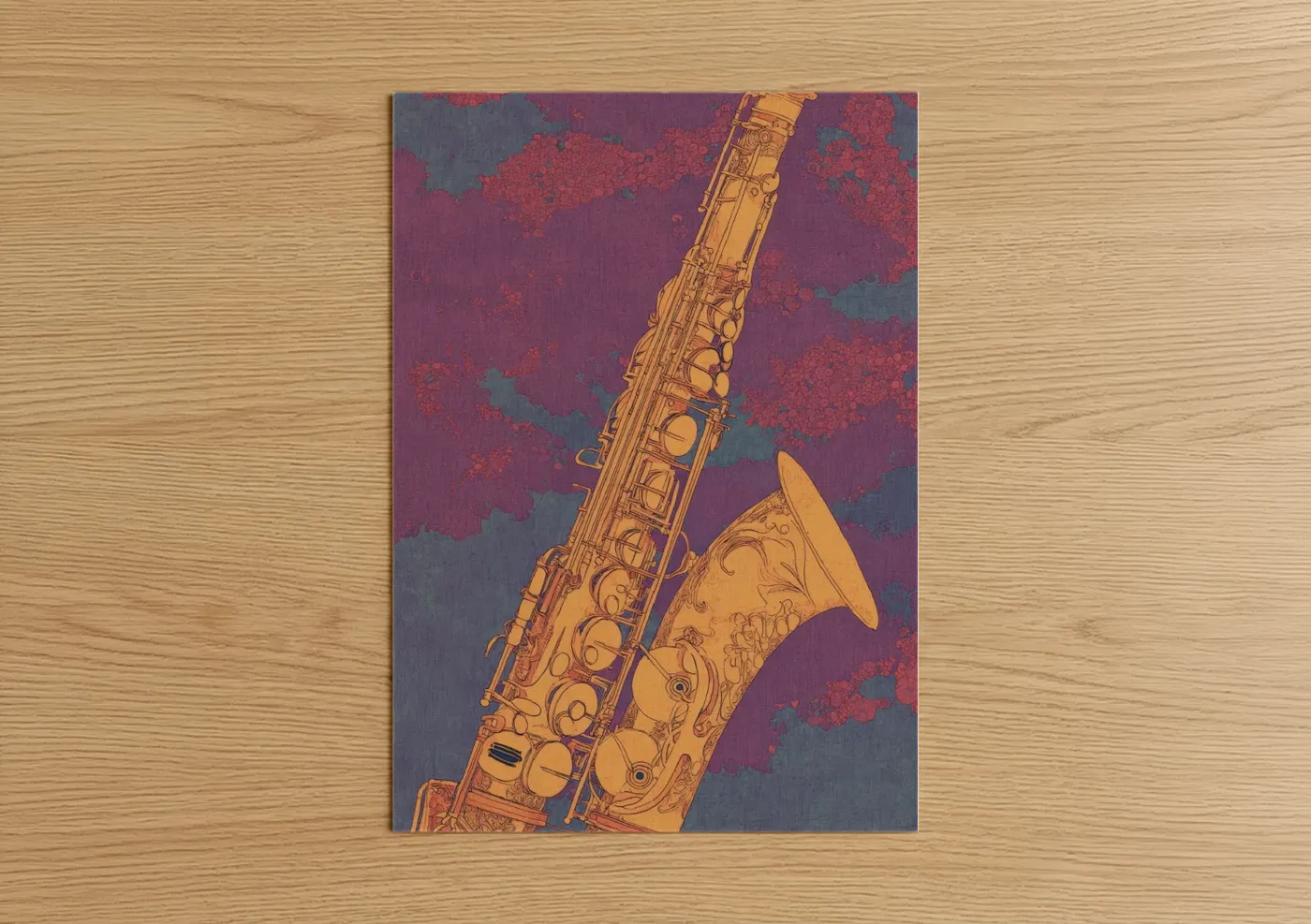 Art print on warm oak wood — gold and magenta palette — Golden Saxophone Jazz poster