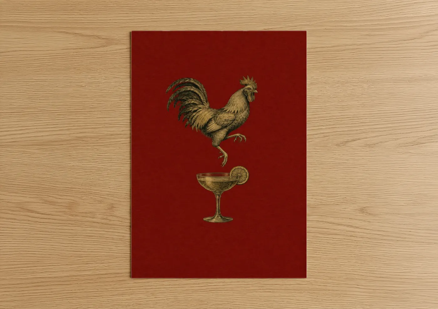 Chicken and roosters art print on warm oak wood — red and gold palette — Rooster And Cocktail Wall Art poster
