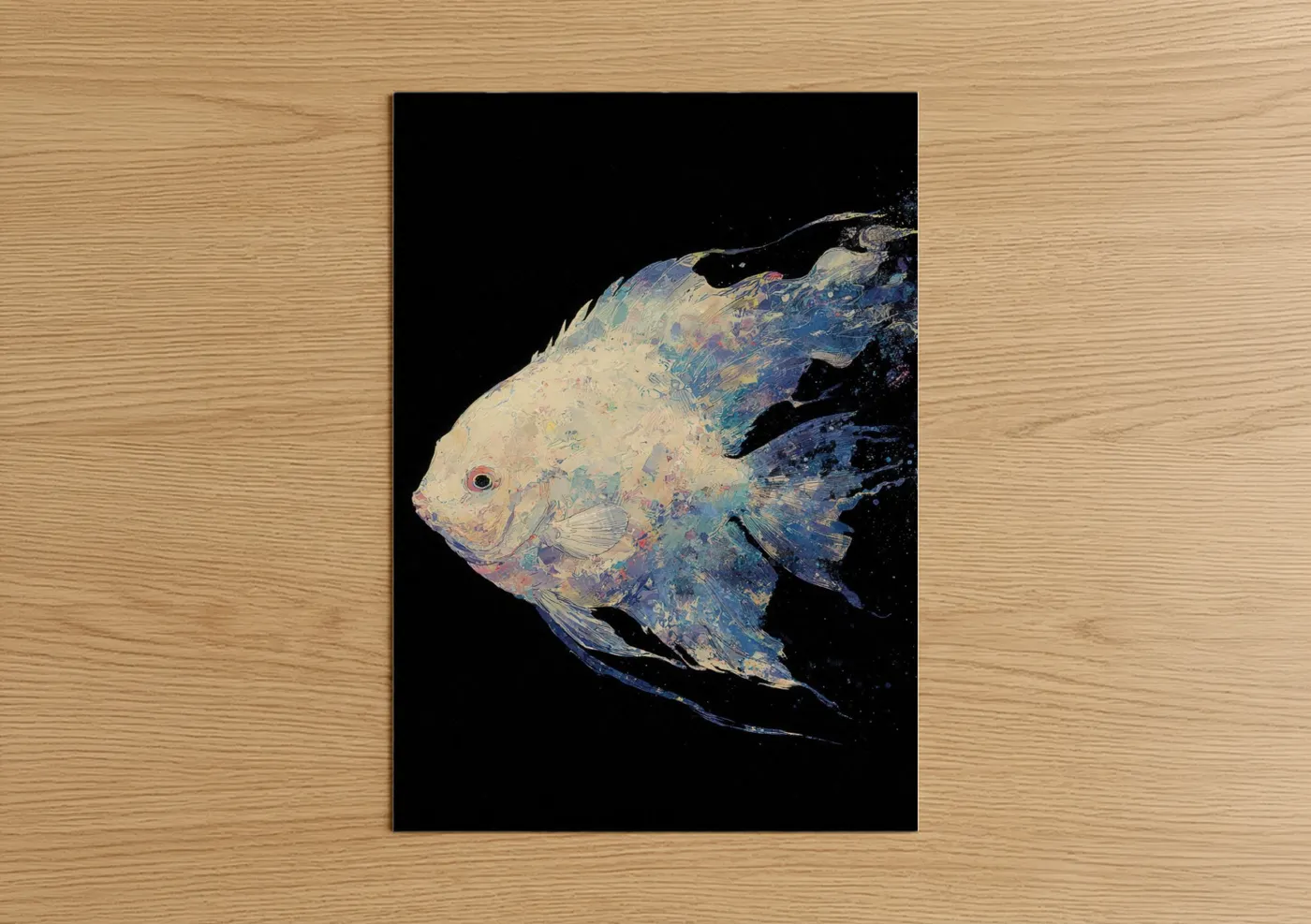 Art print on warm oak wood — blue and cream palette — Iridescent Discus Fish poster
