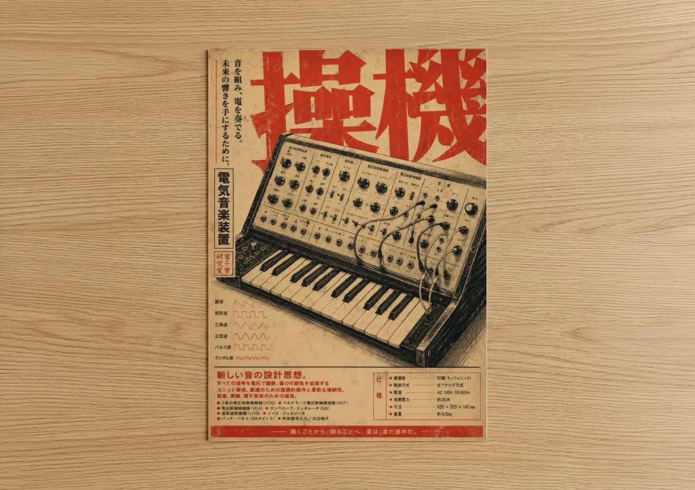 Keyboard art print on warm oak wood — beige and red palette — Vintage Japanese Synthesizer Poster Wall Art poster
