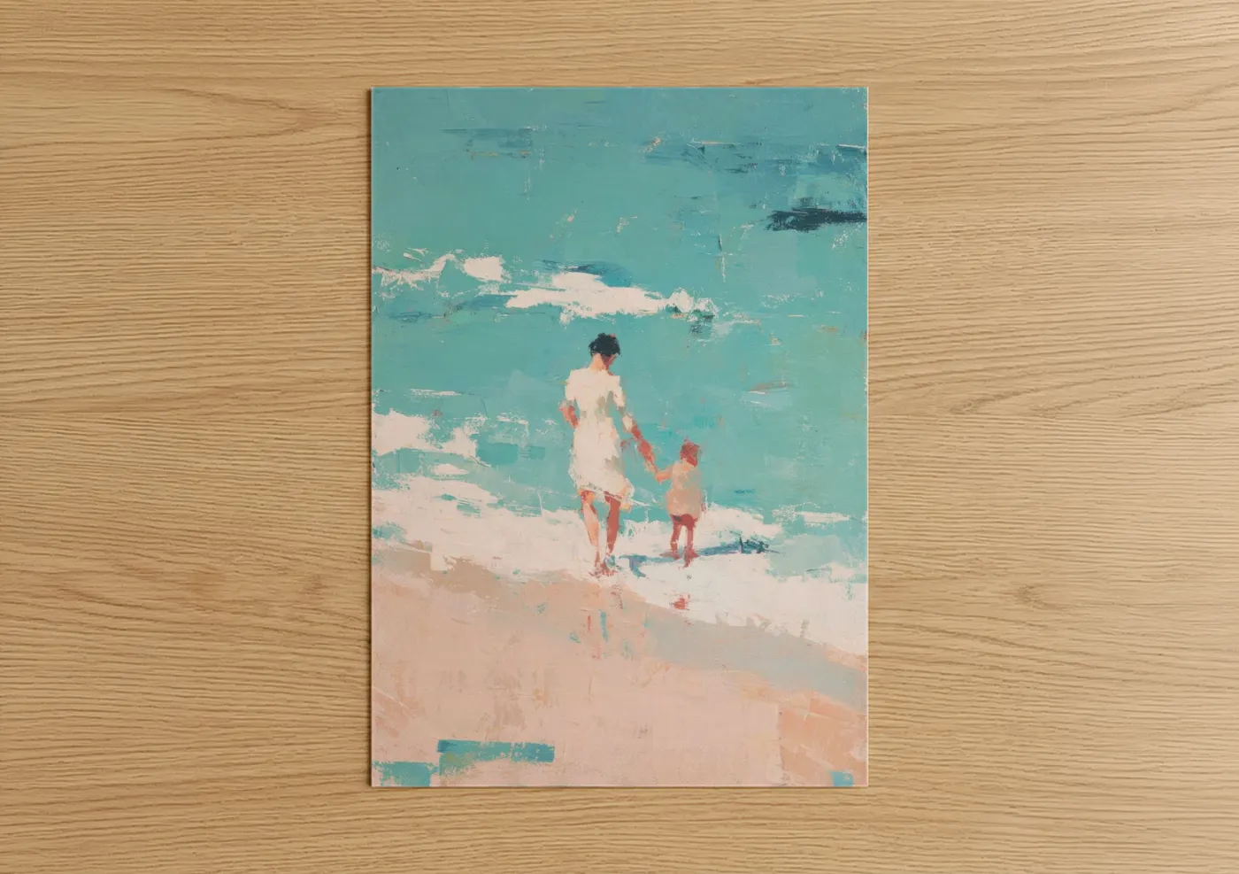 Mother's day art print on warm oak wood — aquamarine and peach palette — Beachside Bond poster