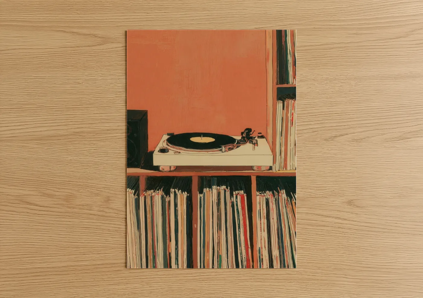 Vintage Turntable with Vinyl Records Collection Wall Art