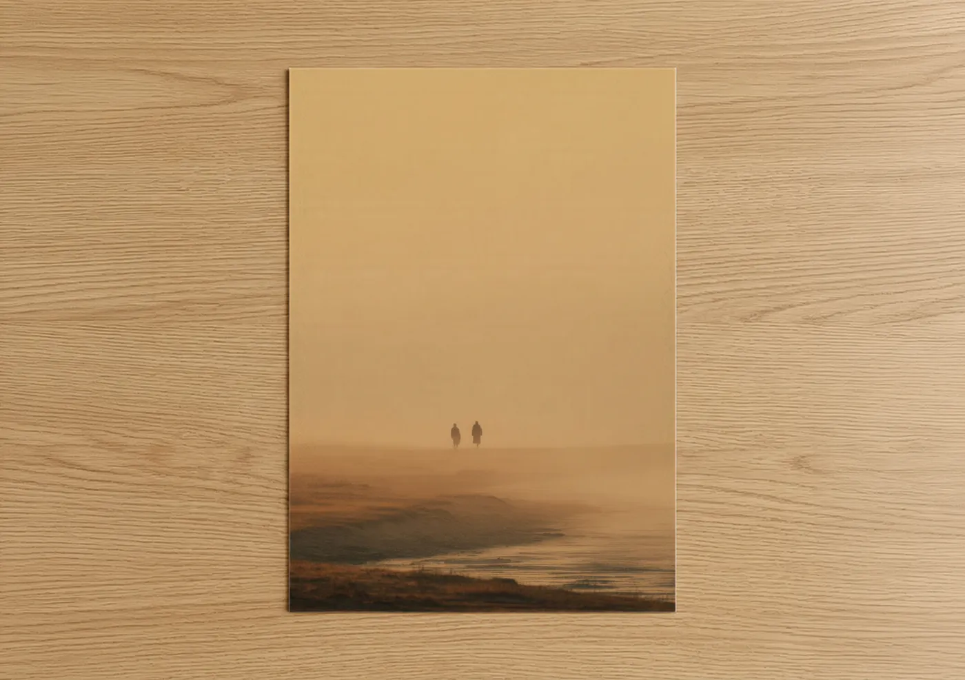 Misty Beach Sunrise with Figures Silhouette Wall Art