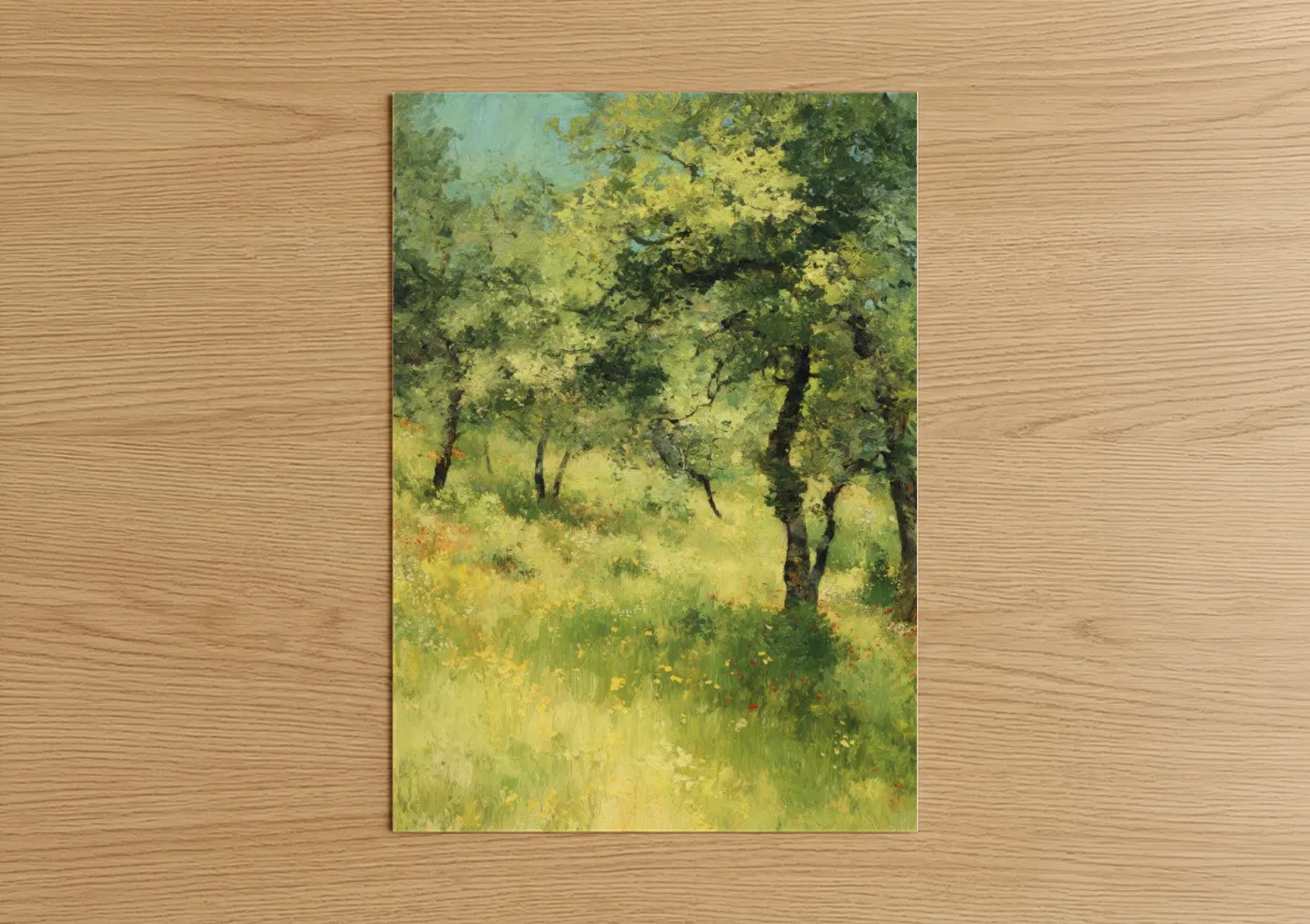 Art print on warm oak wood — light green and yellow gold palette — Golden Oak Forest poster