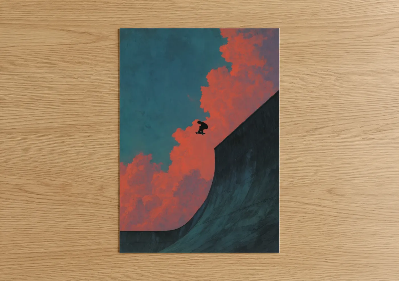 Skateboarding art print on warm oak wood — teal and red palette — Sky Ripper poster