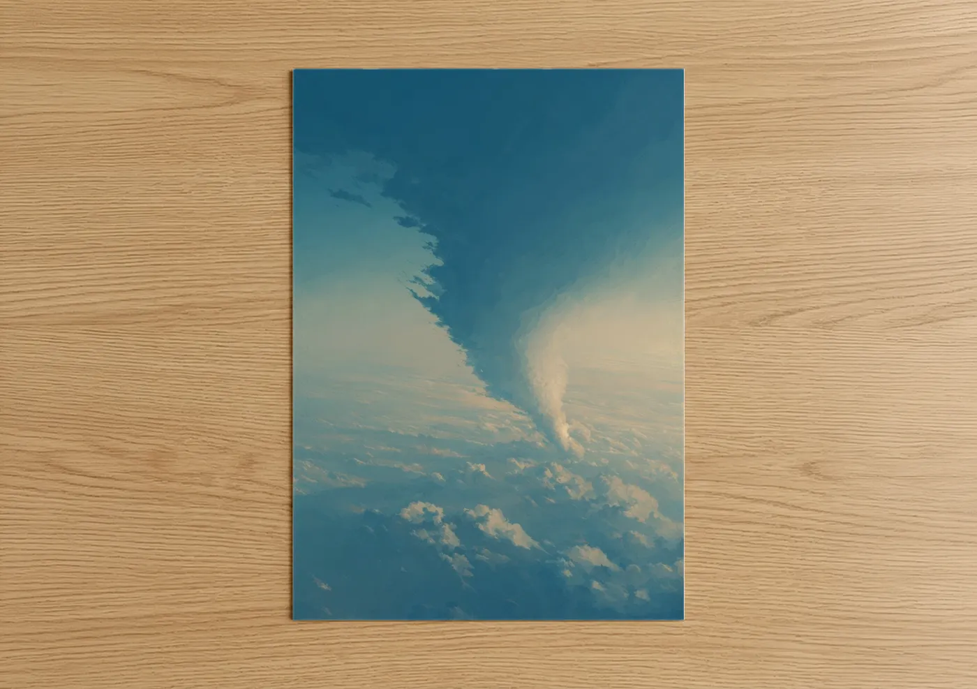 Art print on warm oak wood — blue and white palette — Spiral Tornado poster