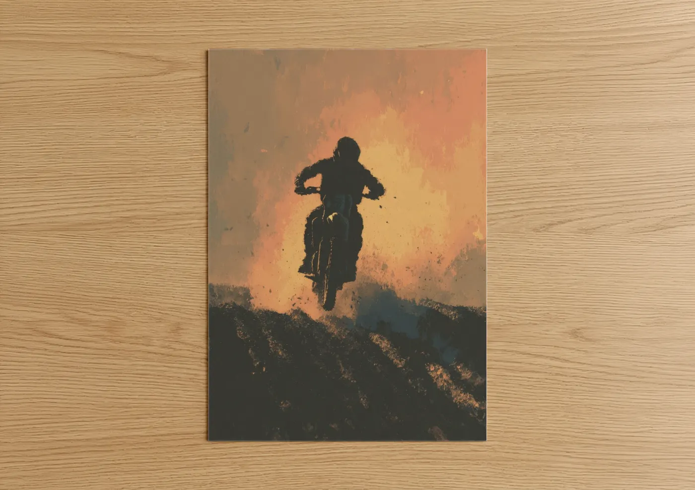 Art print on warm oak wood — orange and gold palette — Desert Motocross poster