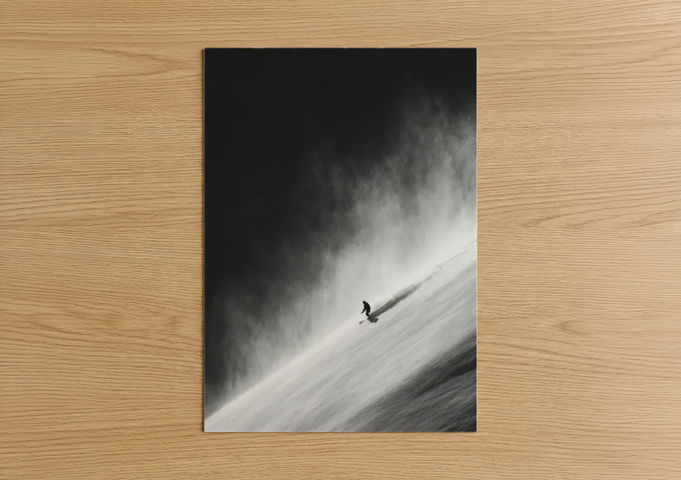 Snowboarding art print on warm oak wood — black and white and gray palette — Mountain Descent poster