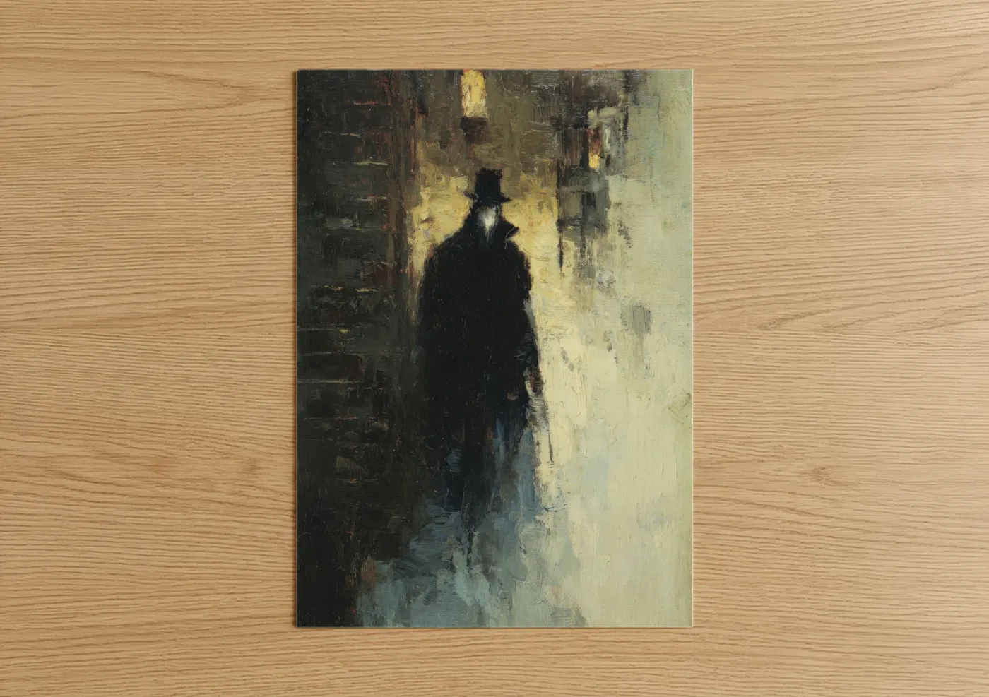 Vampire art print on warm oak wood — black and white and gold palette — Shadowed Wanderer poster