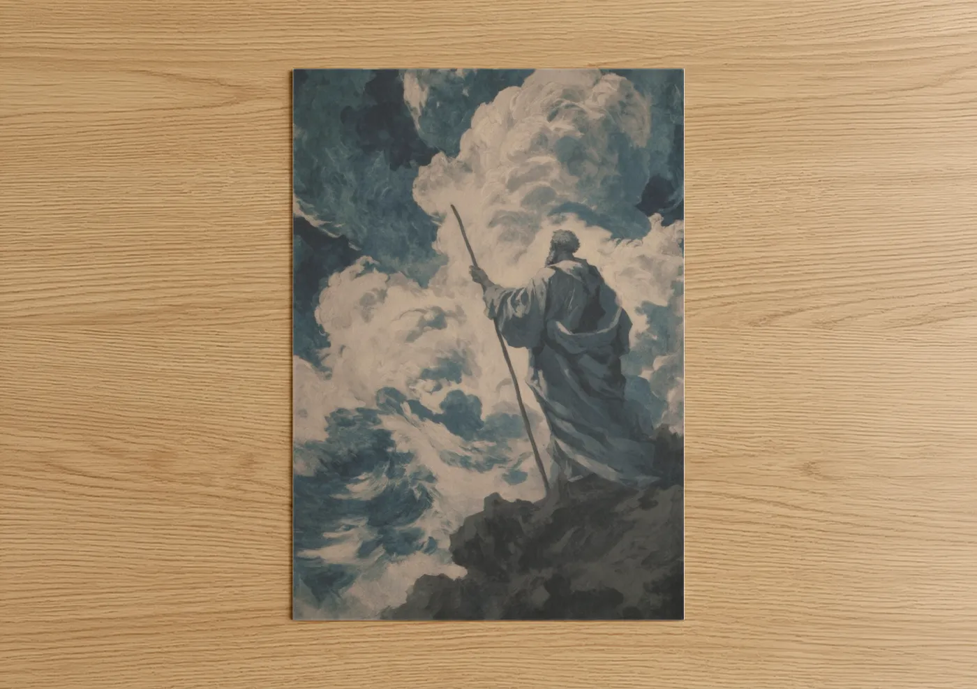 St. peter art print on warm oak wood — blue and white and gray palette — Heavenly Saint Peter poster