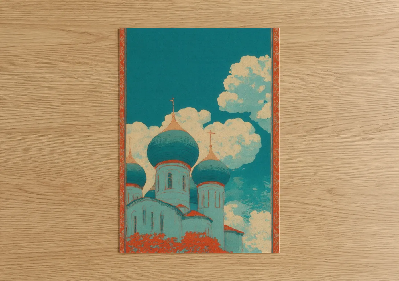 Churches and chapels art print on warm oak wood — teal and gold and white palette — Turquoise Cathedral poster