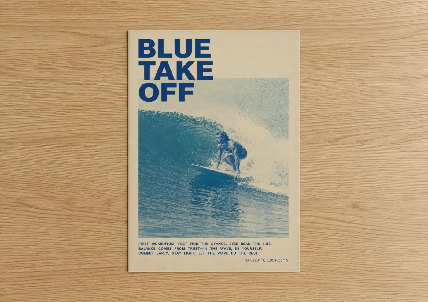 Surfing art print on warm oak wood — blue and beige palette — Vintage Surf Rider Wall Art poster