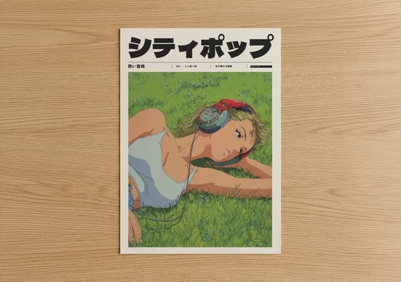 Anime and manga art print on warm oak wood — light green and peach palette — Grassland Dreamer poster