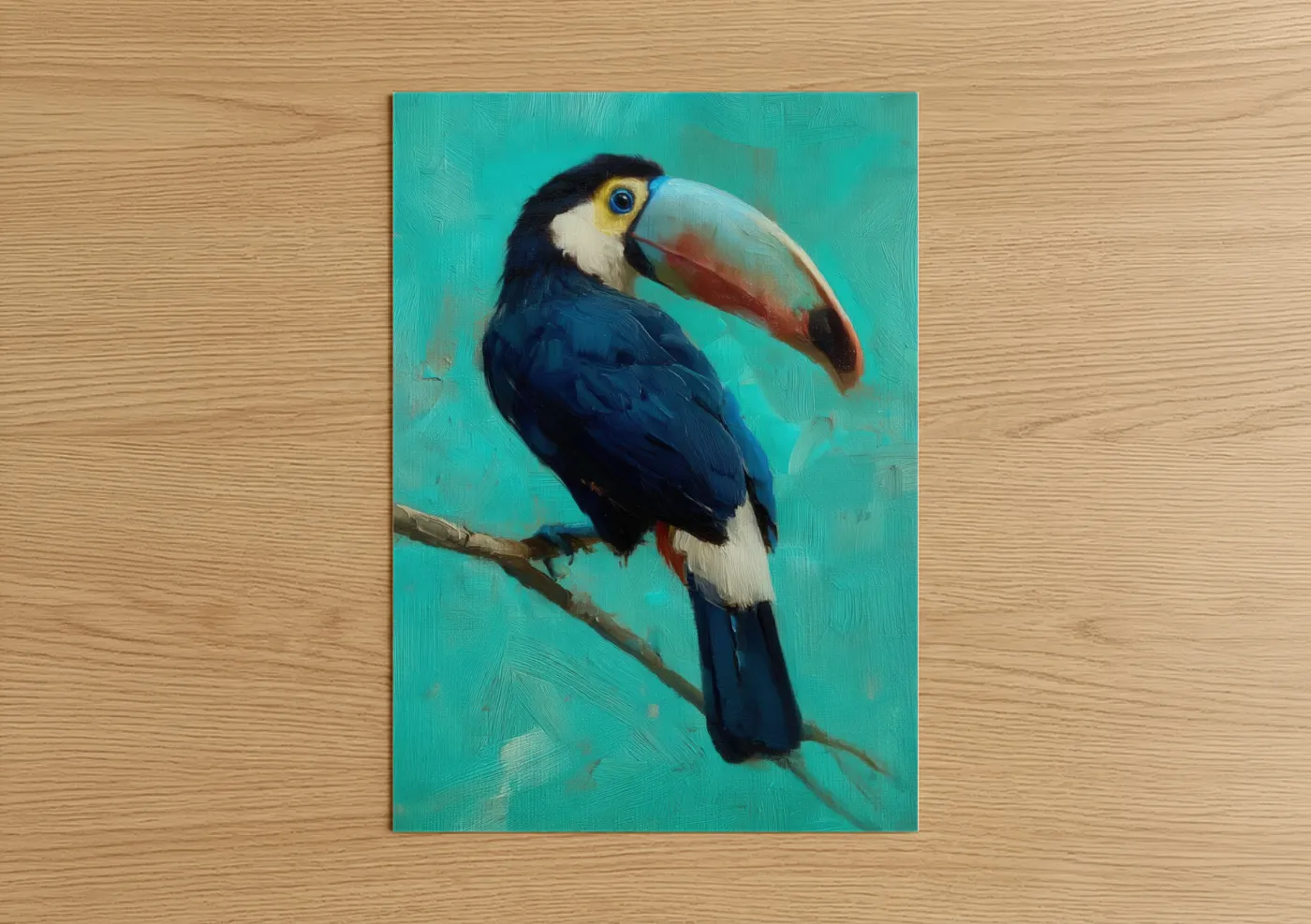Art print on warm oak wood — turquoise palette — Turquoise Toucan poster