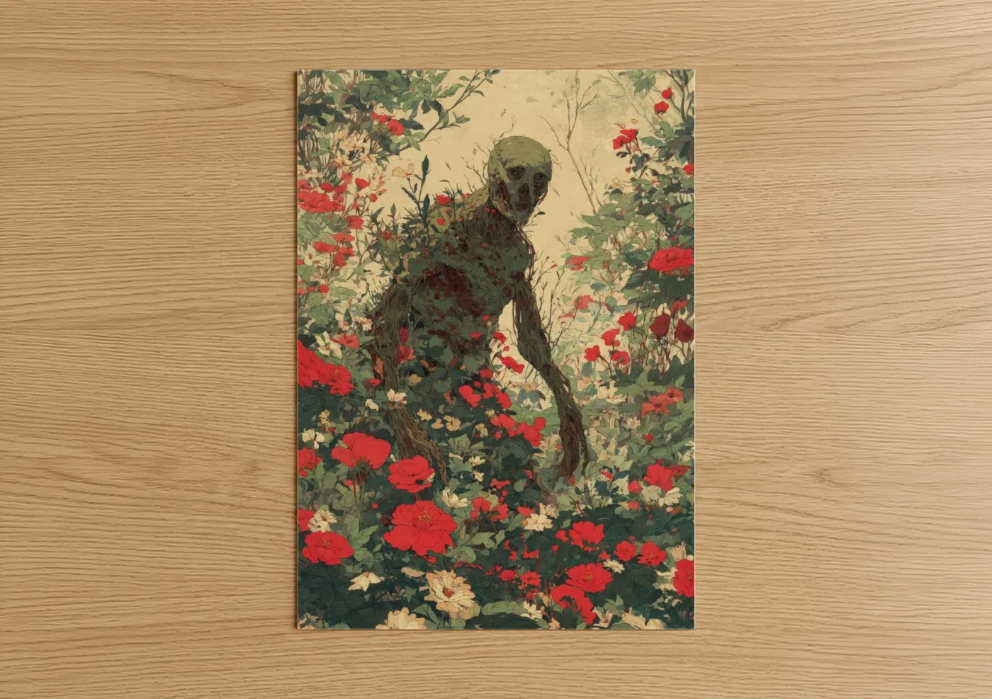 Zombie in Red Flower Garden Surreal Wall Art