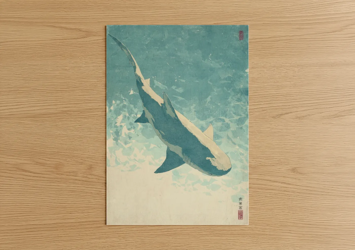 Art print on warm oak wood — aquamarine and cream palette — Overhead Lemon Shark poster