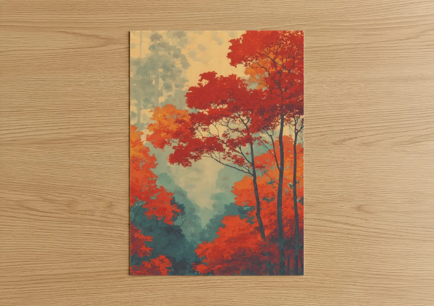 Art print on warm oak wood — red and teal palette — Crimson Maple Forest poster