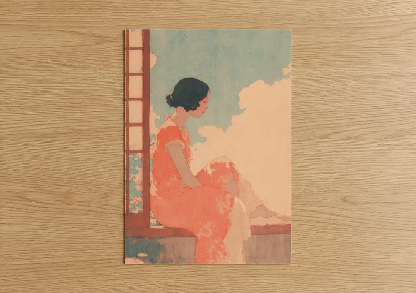 Retro fashion art print on warm oak wood — peach and dove gray palette — Crimson Window Dream poster